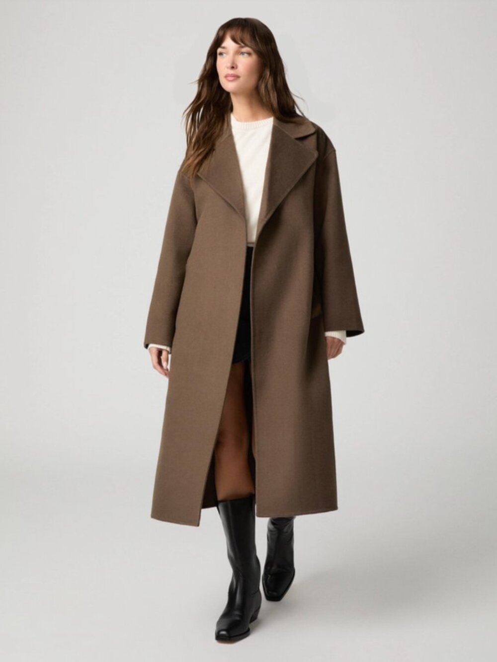 NWT PAIGE Long Connery Wool Blend Wrap Coat in Mushroom — Belted, Full Length